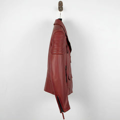 side profile of men's red quilted leather motorcycle jacket.