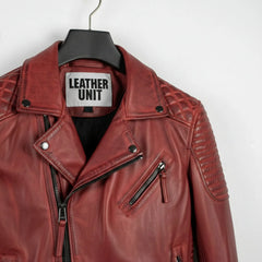 close up of collar and chest zipper pocket on men's red leather biker jacket by Leather Unit.