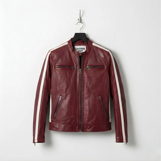 Front view of men's red genuine leather biker jacket with white racing stripes.