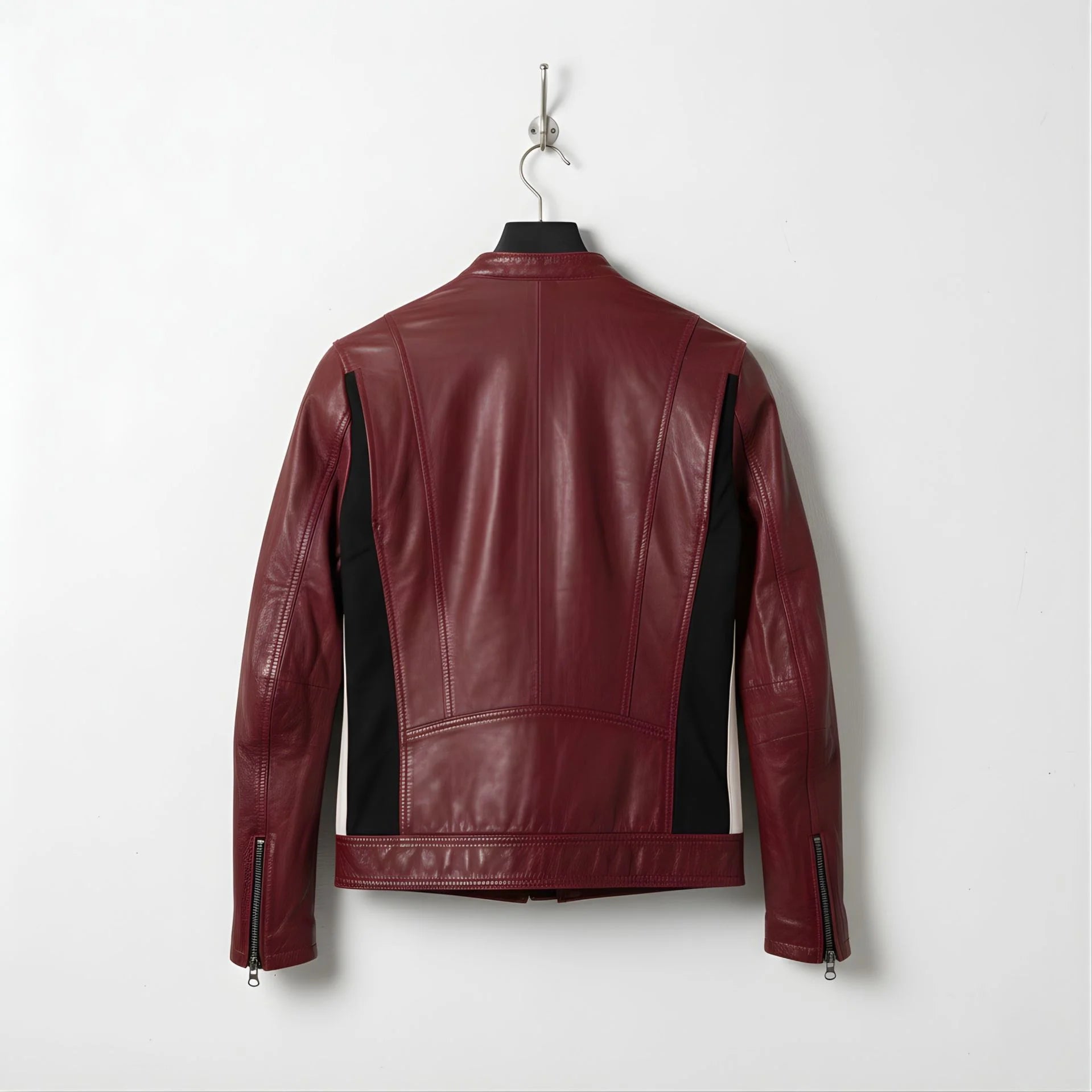 Back of burgundy men's leather motorcycle jacket with black stretch panels.
