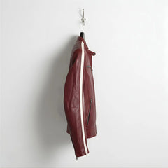Side view of men's red leather moto jacket with white sleeve stripe.