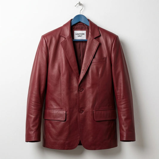 Front view of men’s red leather blazer jacket by Leather Unit