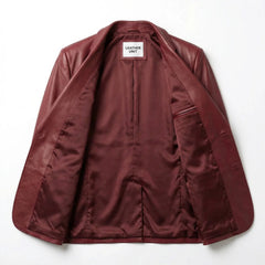 Inside lining of men’s red leather blazer showing inner pocket
