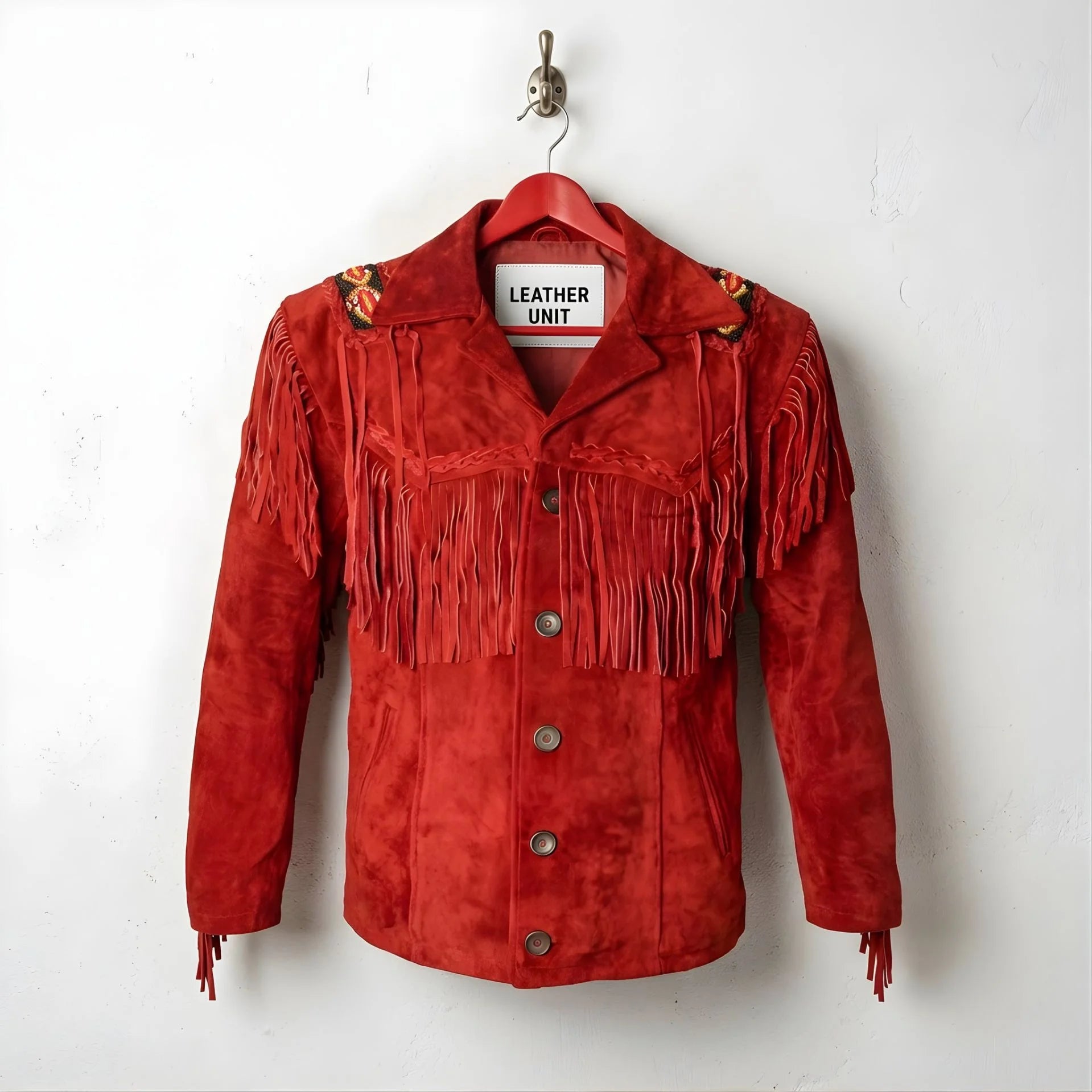 Front view of men's red suede fringe western jacket by Leather Unit.