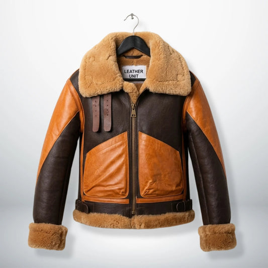 front view mens sheepskin aviator leather jacket with wide collar by Leather Unit.