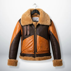 front view mens sheepskin aviator leather jacket with wide collar by Leather Unit.