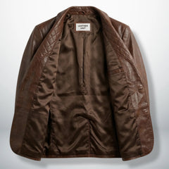 Inside lining of men’s Spanish brown leather blazer showing interior pocket