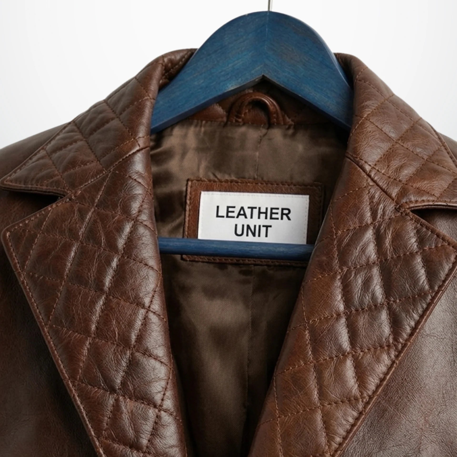 Close up of quilted lapel and Leather Unit label on brown leather blazer