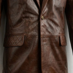 Front button and quilted pocket flap close up on men’s brown leather blazer jacket