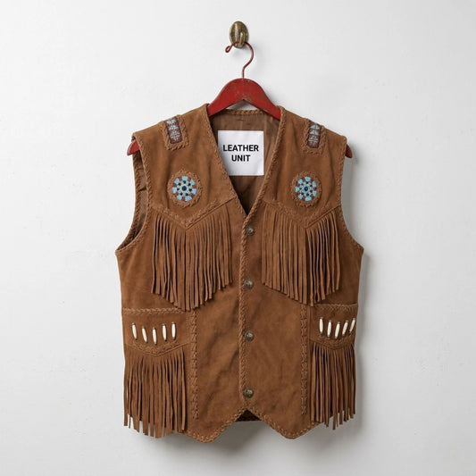 Men's brown suede fringe western vest with beadwork and pockets by Leather Unit – front view.