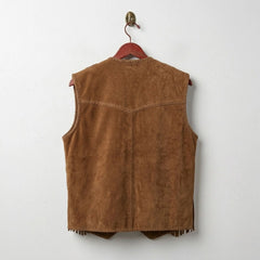 Back of men's brown suede western suede vest with braided yoke and fringe hem.
