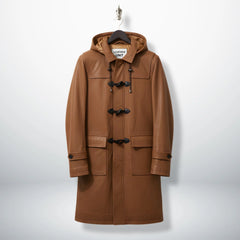 Front view of men's tan leather duffle hooded coat with toggles by Leather Unit.