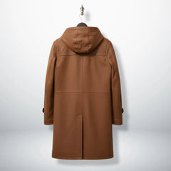 Back view of men's tan leather hooded duffle coat with center vent.