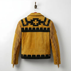 Back view of men's tan suede western jacket with fringe and black pattern.
