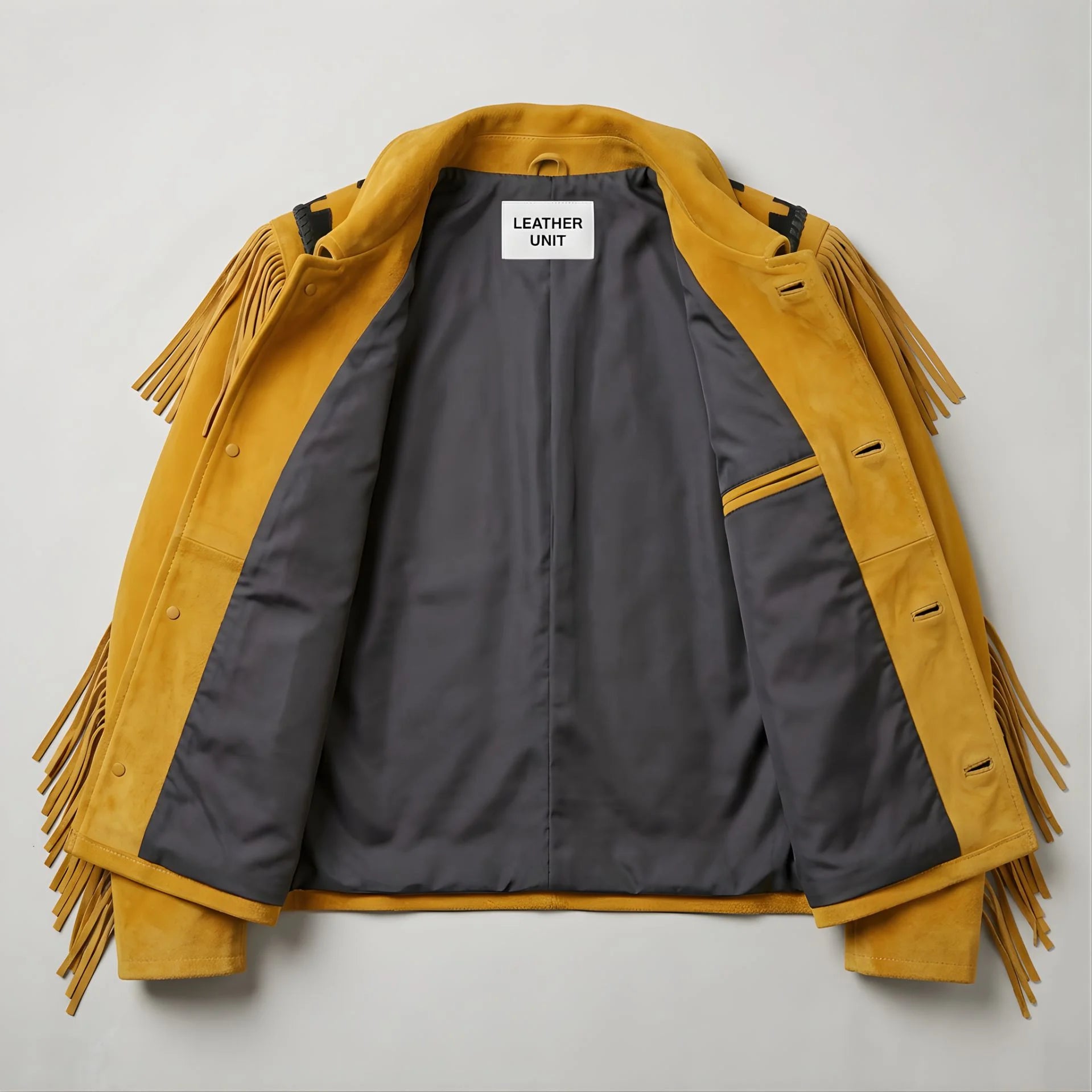 Interior of tan suede fringe western jacket showing grey lining and inner pocket.