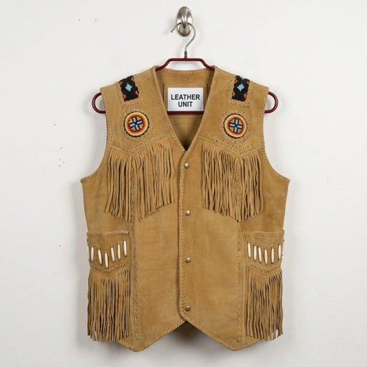 Front view of men's tan suede fringe western cowboy vest with beadwork by Leather Unit.