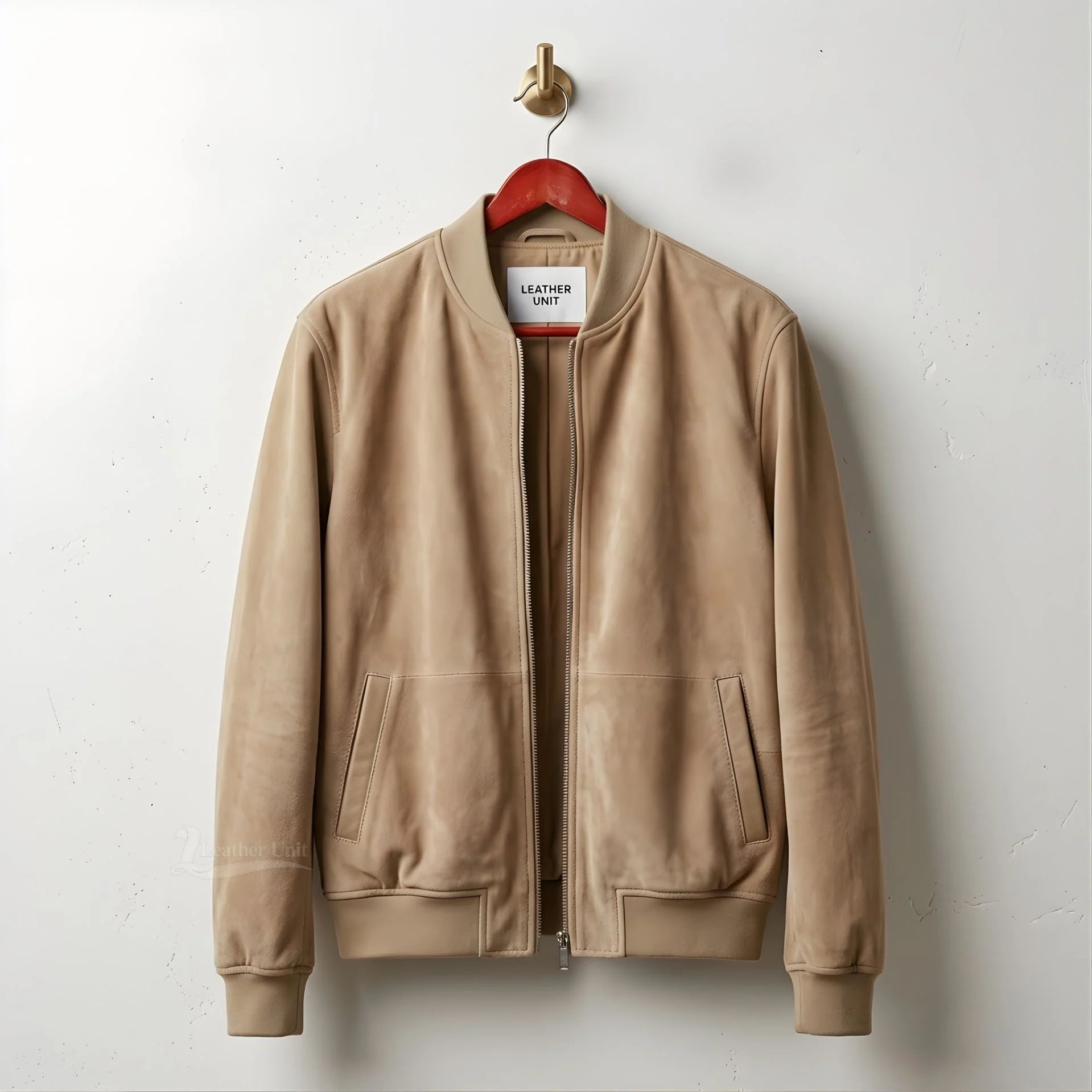 Front view of men's tan suede leather bomber jacket by Leather Unit.