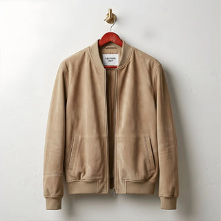 Front view of men's tan suede leather bomber jacket by Leather Unit.