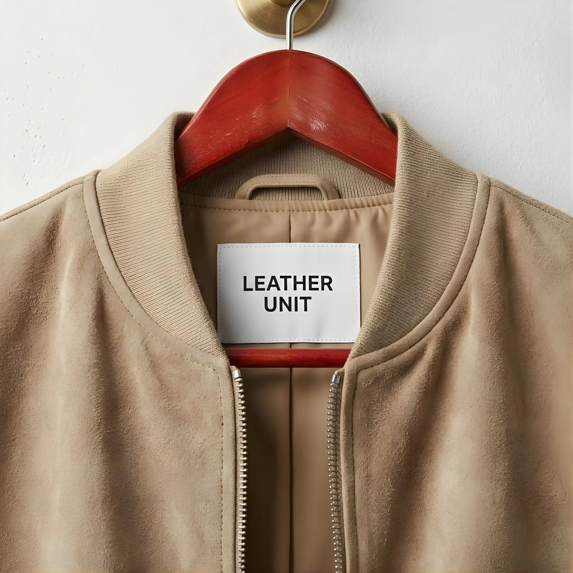 Close up of ribbed bomber collar and suede texture on men's tan suede jacket.