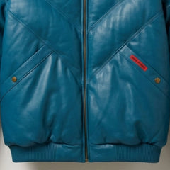 Detail of snap pockets on insulated teal leather jacket