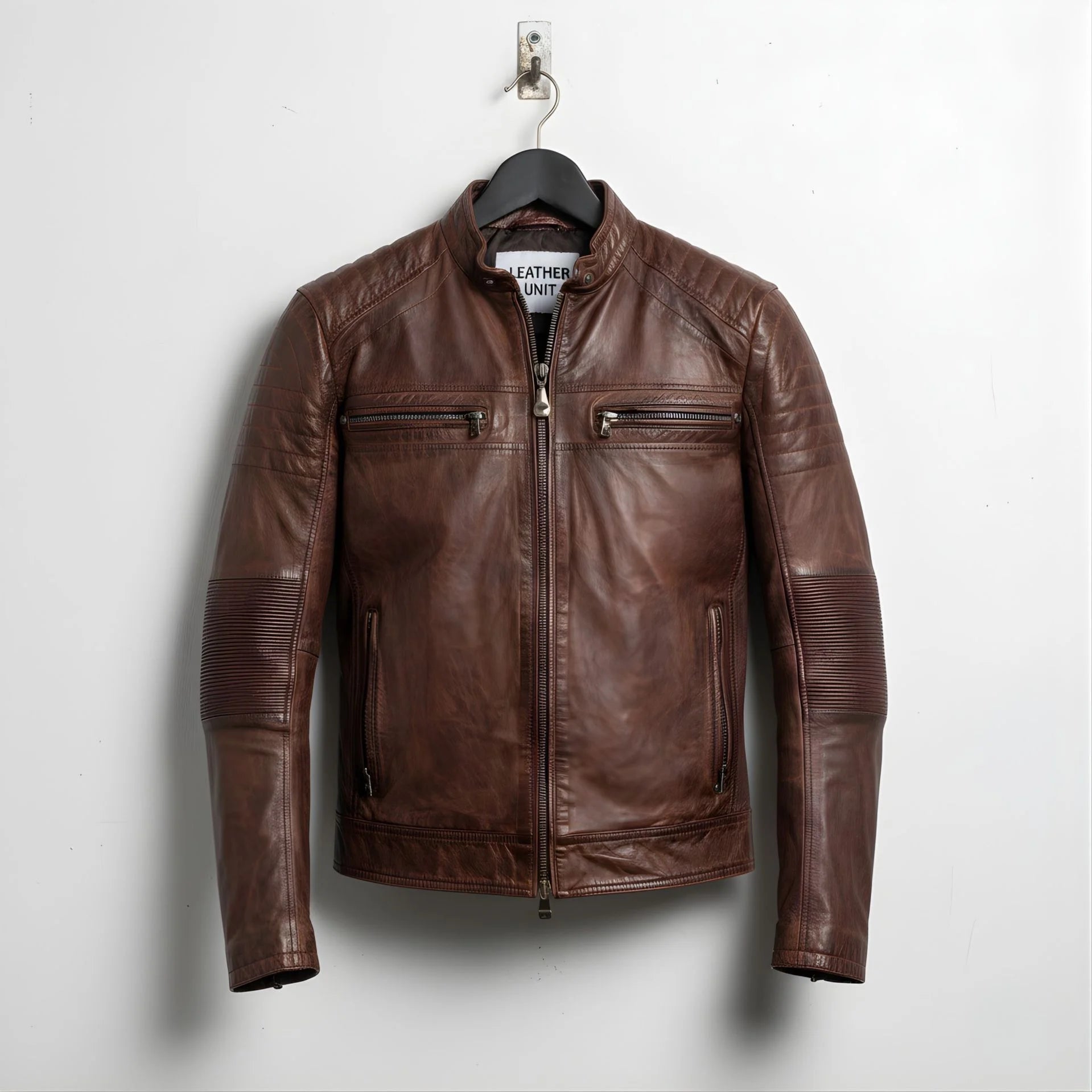 front view of men's vintage brown cafe racer leather biker jacket.