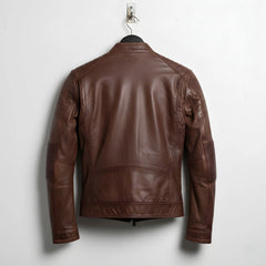 back view of men's brown cafe racer leather jacket with panelled seams.