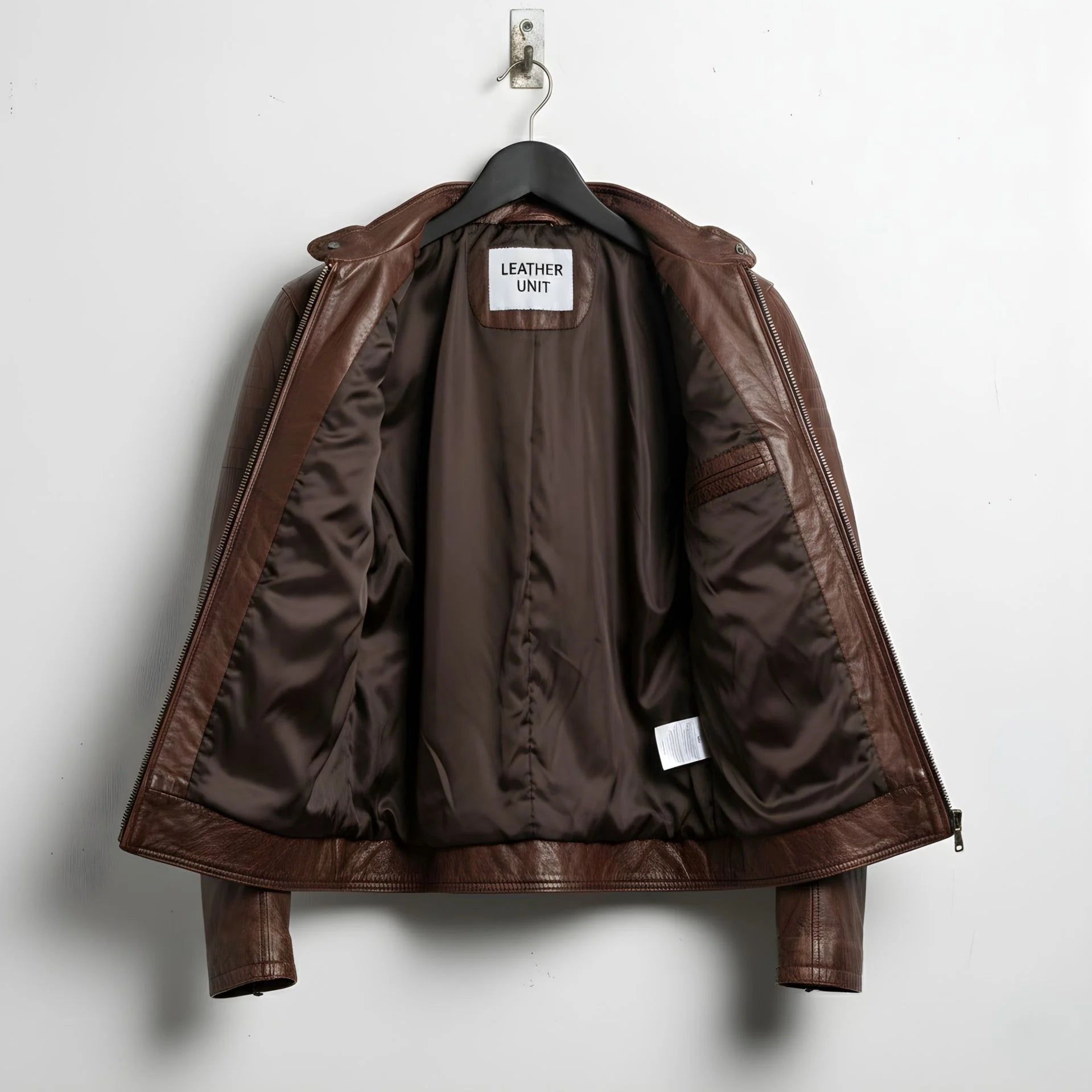 interior of men's brown leather biker jacket showing brown lining and inside pocket.