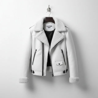 front view mens white shearling aviator leather jacket by Leather Unit.
