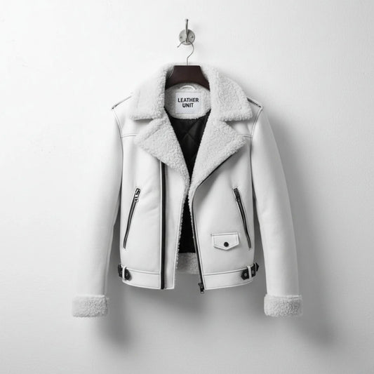 front view mens white shearling aviator leather jacket by Leather Unit.
