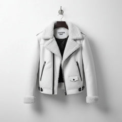 front view mens white shearling aviator leather jacket by Leather Unit.