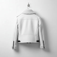 back view mens white aviator bomber leather jacket with shearling collar.