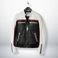 front view of men's white and black leather biker jacket with red racing stripe.