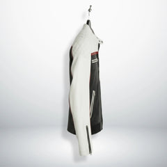 side profile of men's cafe racer leather jacket with quilted white shoulder.