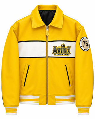 Men’s yellow cowhide leather bomber front with white chest panel, zip closure, 75 sleeve patch and striped ribbed trims