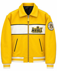 Men’s yellow cowhide leather bomber front with white chest panel, zip closure, 75 sleeve patch and striped ribbed trims