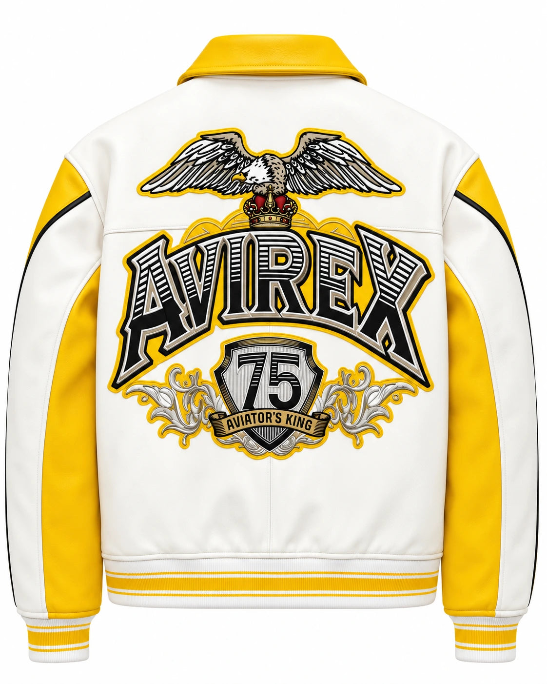 Full back of yellow and white leather flight bomber with oversized eagle artwork, 75 shield graphic and striped ribbed hem
