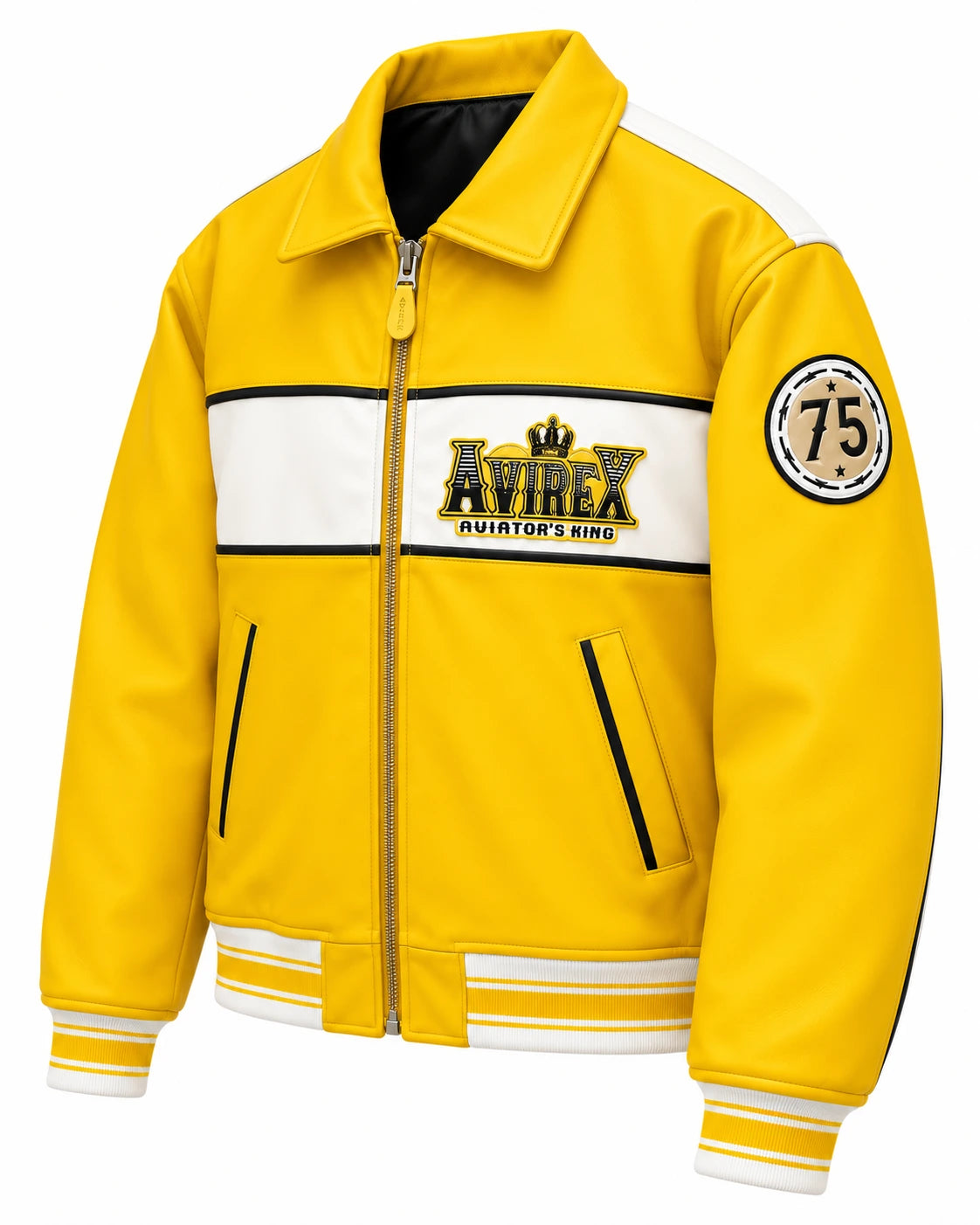 Angled yellow leather aviator jacket with white colour-block panel, graphic chest emblem, front pockets and ribbed waistband