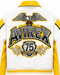 Close-up white back panel of yellow leather bomber featuring large eagle, crown, Aviator 75 shield and graphic lettering