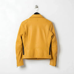 back view of men's yellow leather biker jacket.