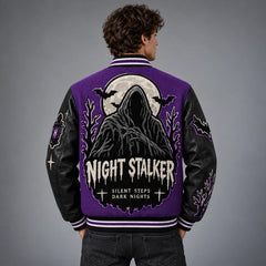 Back model view of Night Stalker varsity jacket featuring hooded figure, full moon, bats and gothic embroidery