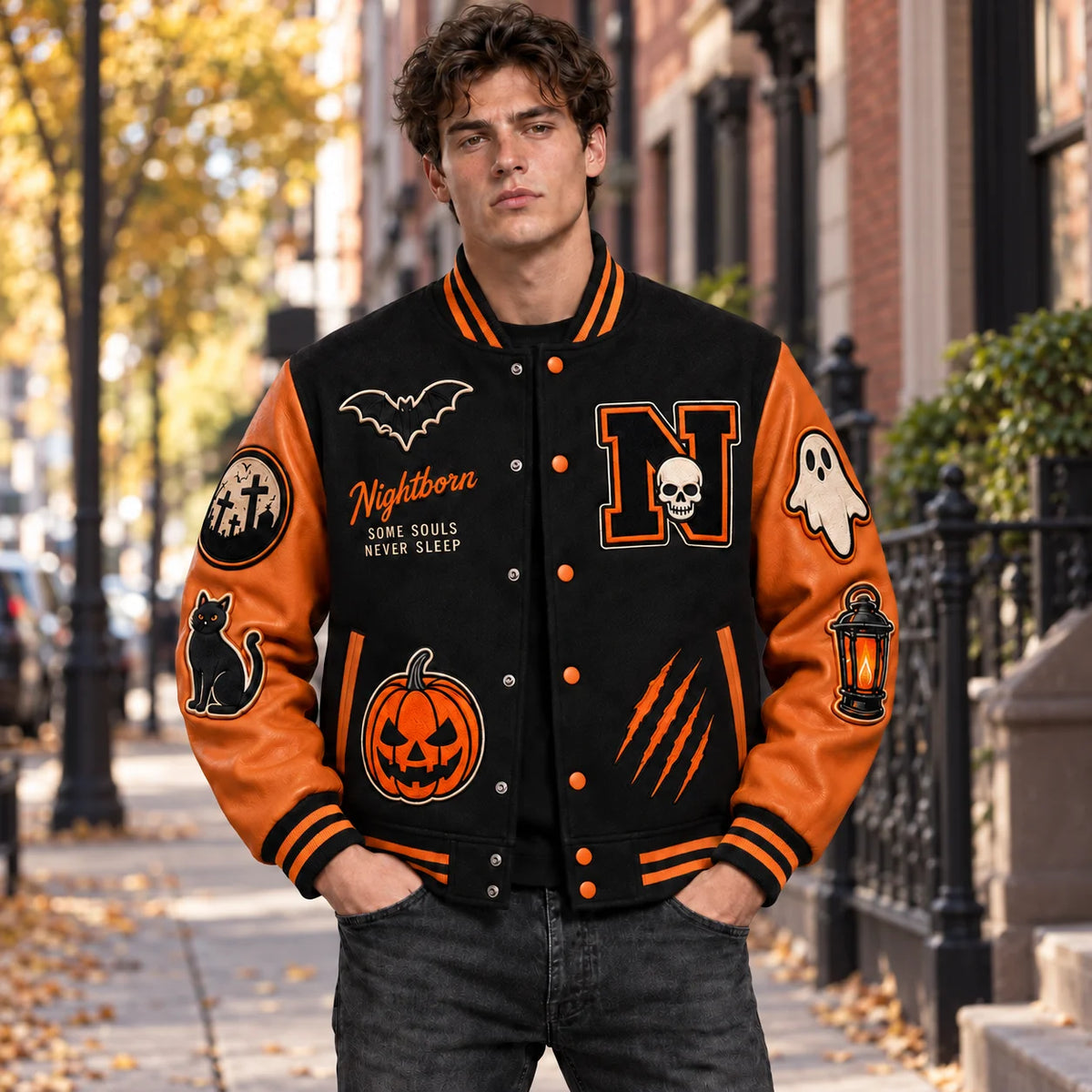 Model wearing black and orange Halloween varsity jacket with embroidered pumpkin, bat, ghost and black cat patches outdoors