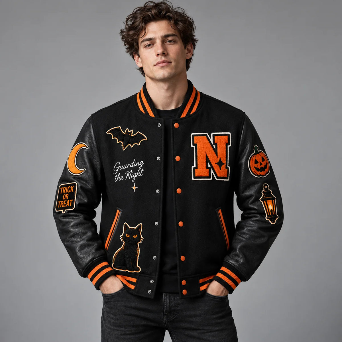 Front studio view of black Halloween varsity jacket with genuine leather sleeves, orange varsity letter and spooky patches