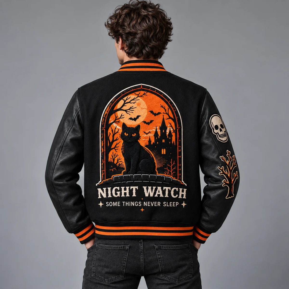 Back view of Night Watch Halloween varsity jacket showing black cat, moon, bats and haunted castle artwork