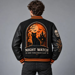 Back view of Night Watch Halloween varsity jacket showing black cat, moon, bats and haunted castle artwork