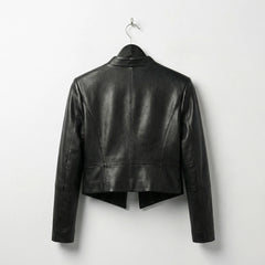 Back view of cropped collarless black leather jacket for women