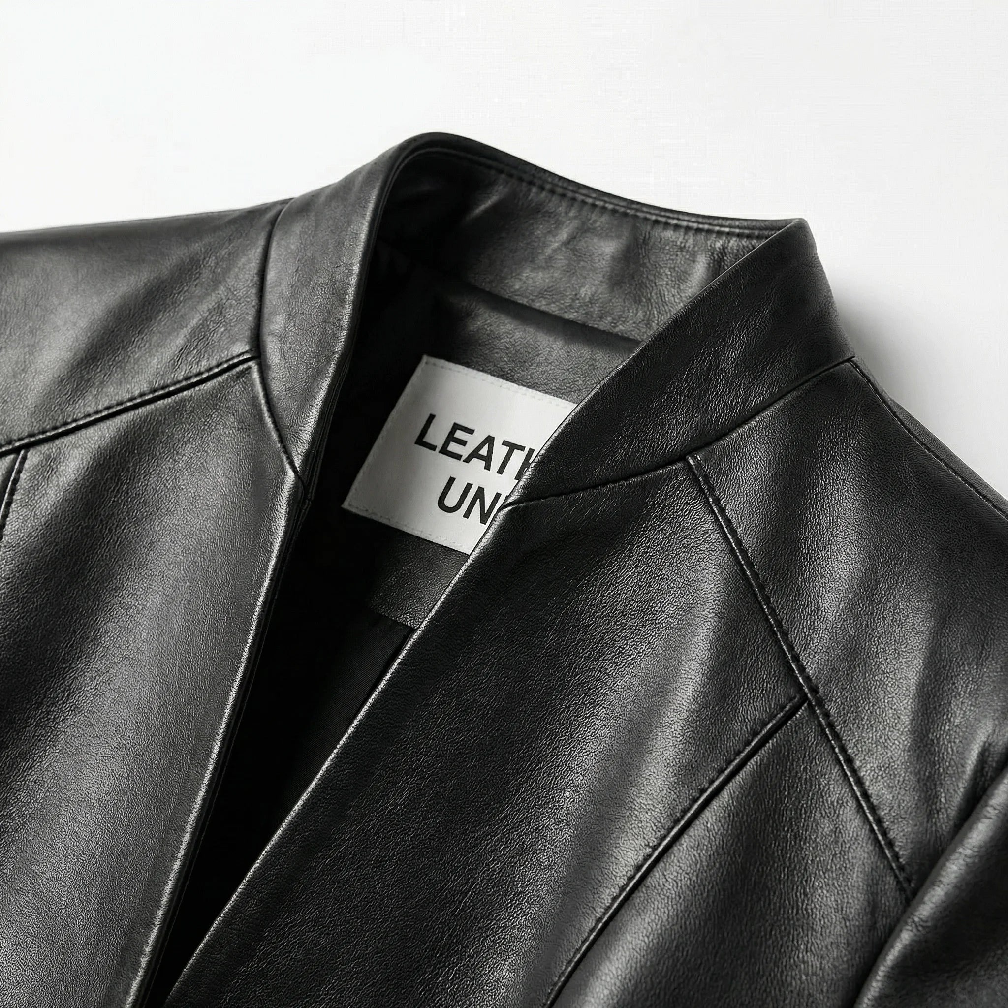 Round collarless neckline on Leather Unit womens black leather jacket