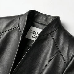 Round collarless neckline on Leather Unit womens black leather jacket