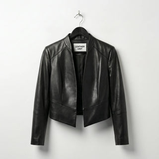 Front view of womens open front black leather jacket by Leather Unit