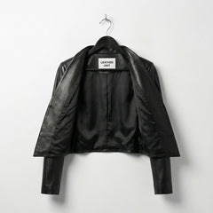 Interior lining of womens black leather jacket with open front