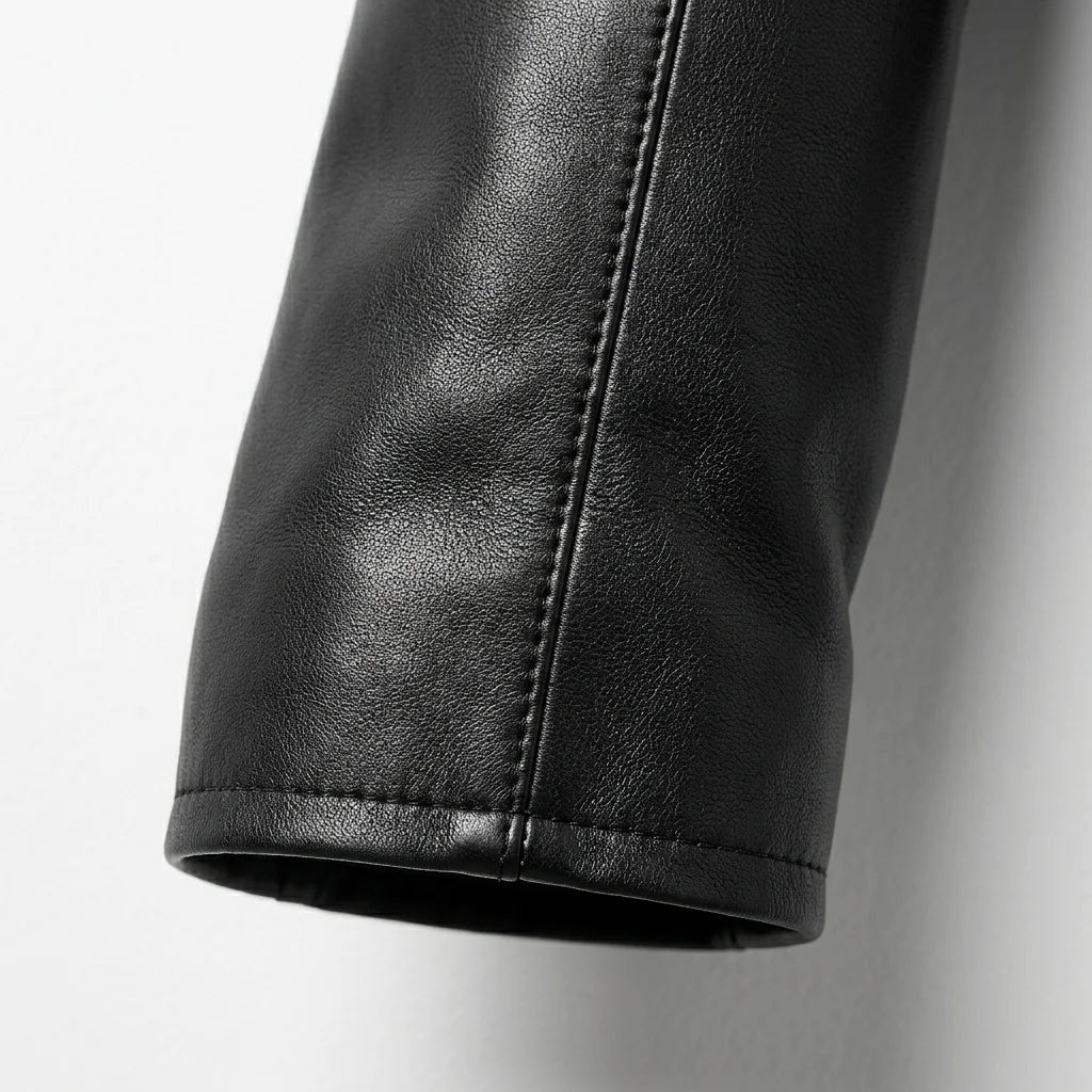 Close up of sleeve and cuff detail on womens black leather jacket